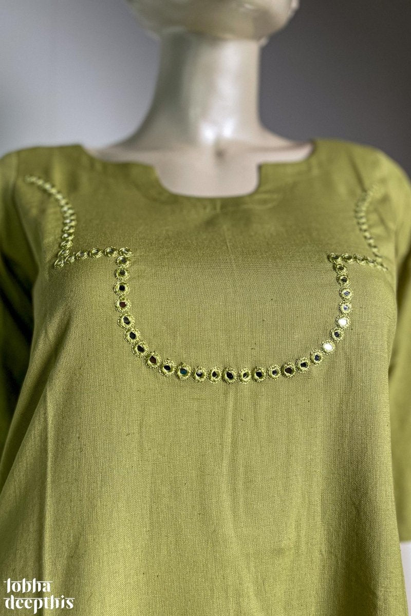 Yoke Mirrorwork Pista Green Cotton Kurta - Lobha Deepthis