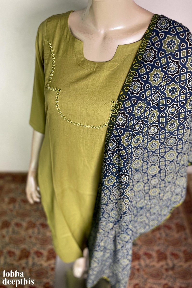 Yoke Mirrorwork Pista Green Cotton Kurta - Lobha Deepthis