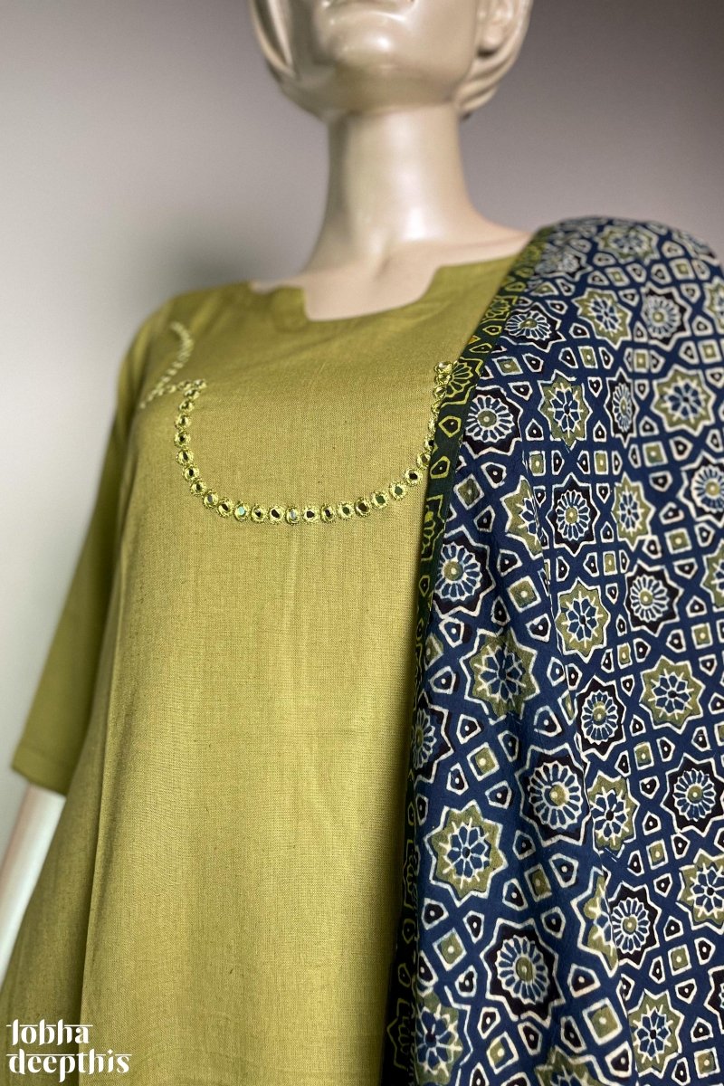 Yoke Mirrorwork Pista Green Cotton Kurta - Lobha Deepthis
