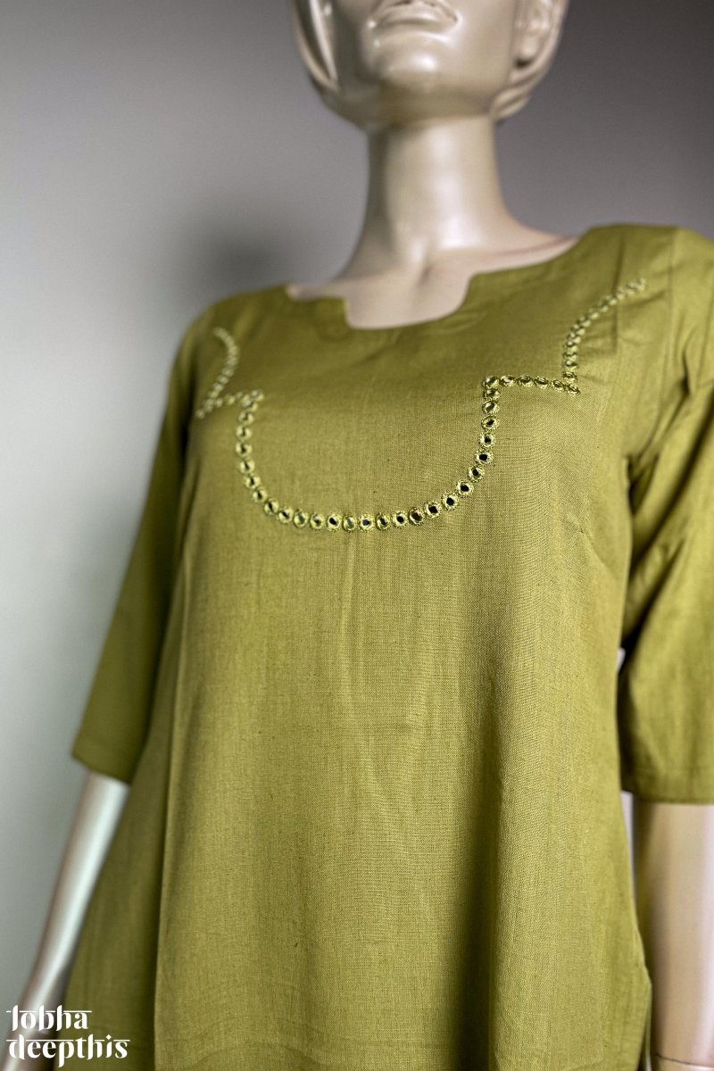 Yoke Mirrorwork Pista Green Cotton Kurta - Lobha Deepthis