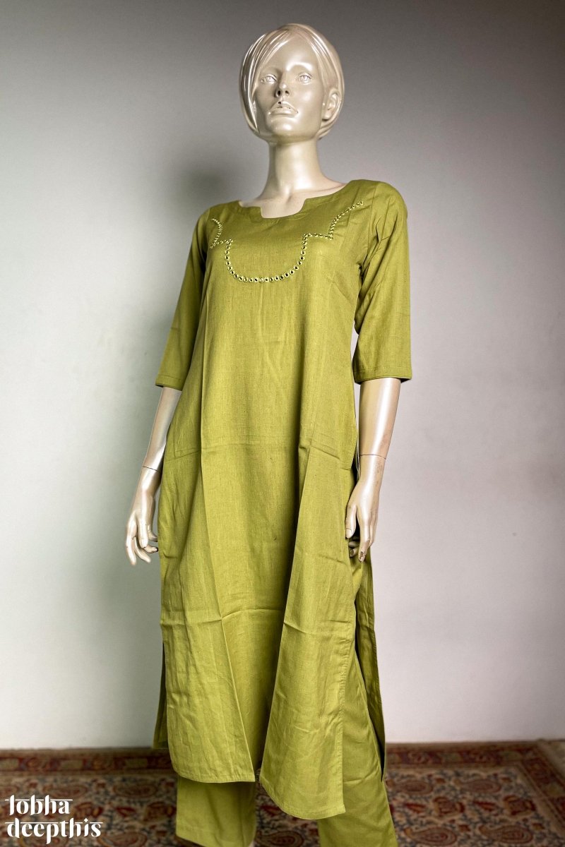 Yoke Mirrorwork Pista Green Cotton Kurta - Lobha Deepthis