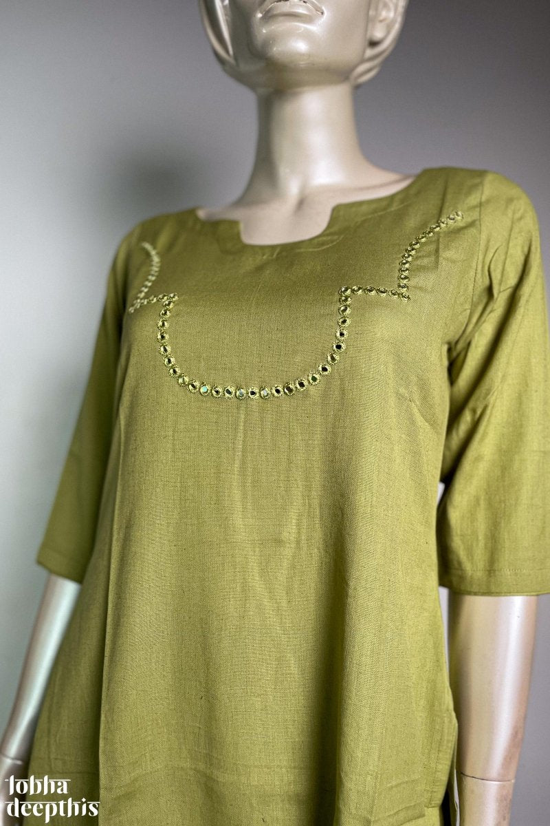 Yoke Mirrorwork Pista Green Cotton Kurta - Lobha Deepthis